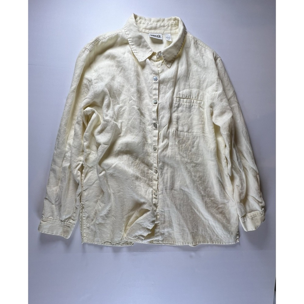 Chicos 100% Linen Yellow Shirt Womens No Iron  Button 3/4 Sleeve Blouse Size 3XL